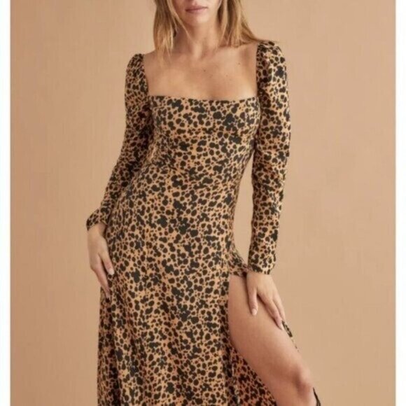 Reformation Sigmund Leopard Midi Dress Square Neck Long Sleeves Brown Size 4 - Picture 3 of 11
